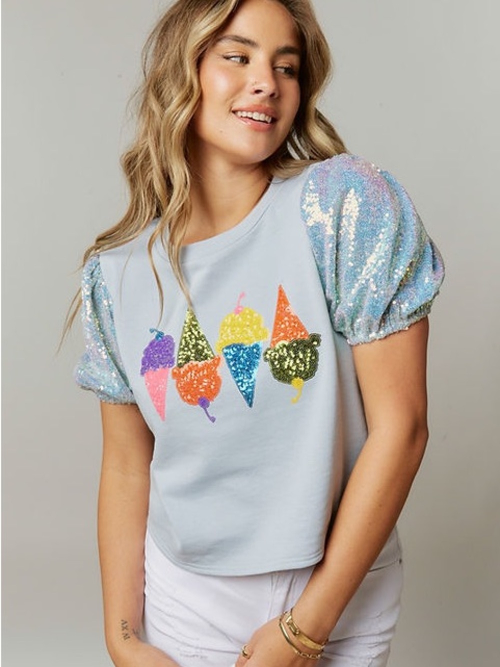 Sequin Puff Sleeve Ice Cream Graphic Tee - Light Blue & Soft Pink.